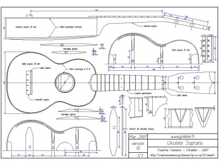 Plan d'un ukulélé soprano. Crédits : grellier.fr, fév. 2021